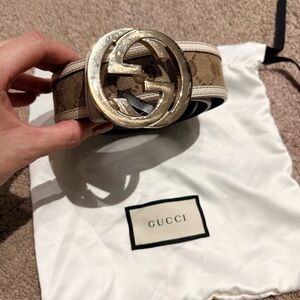 Gucci Beige Monogram Canvas Belt with Gold Double G Buckle AUTHENTIC